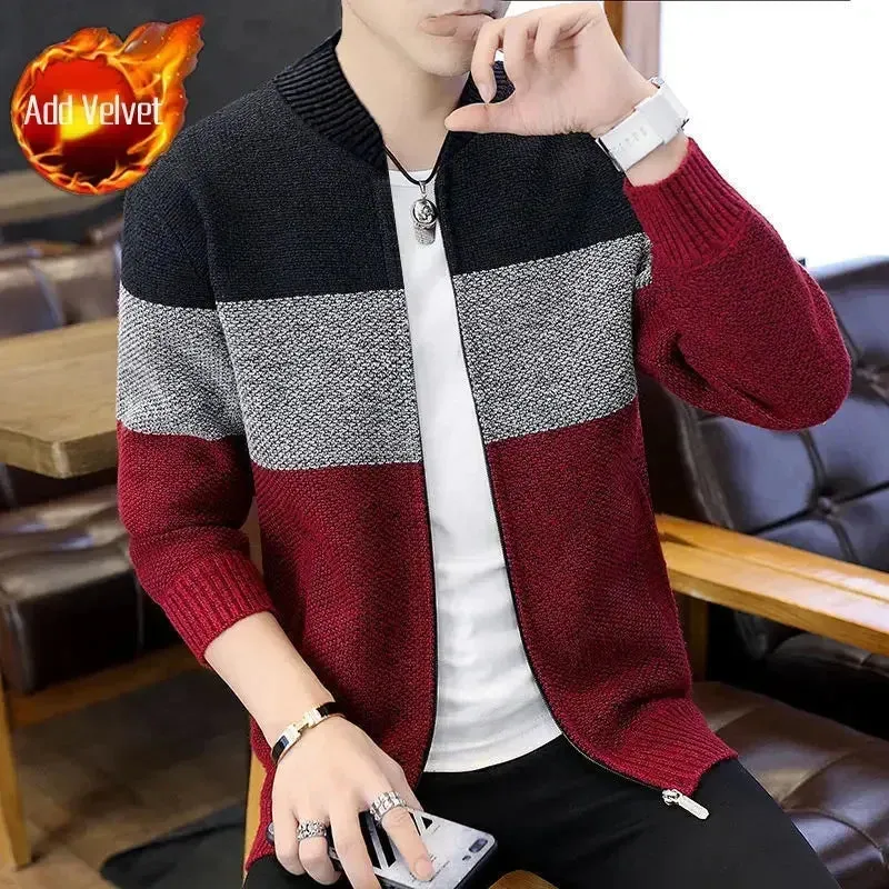 Wiaofellas  -  Knit Sweater Male Zipper Plaid Men's Clothing Cardigan Hoodies Zip-up Thick Winter Red Tops Jumpers Casual Stylish Hot Cheap A