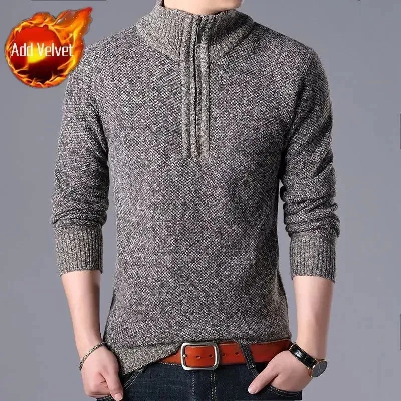 Wiaofellas  -  Knit Sweater Male Zipper Plaid Men's Clothing Cardigan Hoodies Zip-up Thick Winter Red Tops Jumpers Casual Stylish Hot Cheap A