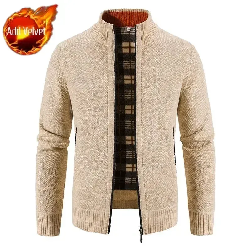 Wiaofellas  -  Knit Sweater Male Zipper Plaid Men's Clothing Cardigan Hoodies Zip-up Thick Winter Red Tops Jumpers Casual Stylish Hot Cheap A