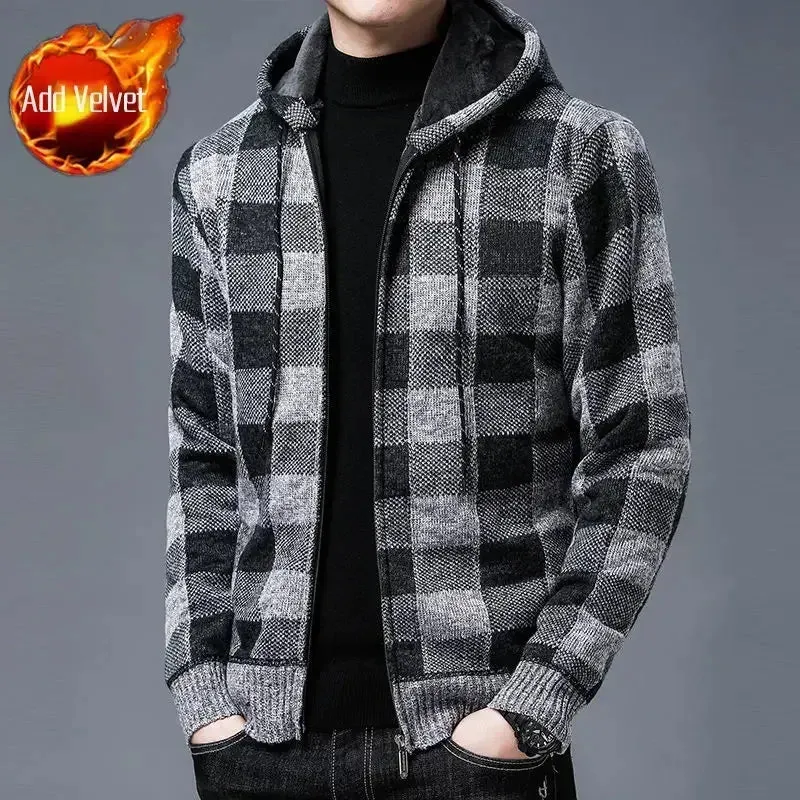 Wiaofellas  -  Knit Sweater Male Zipper Plaid Men's Clothing Cardigan Hoodies Zip-up Thick Winter Red Tops Jumpers Casual Stylish Hot Cheap A