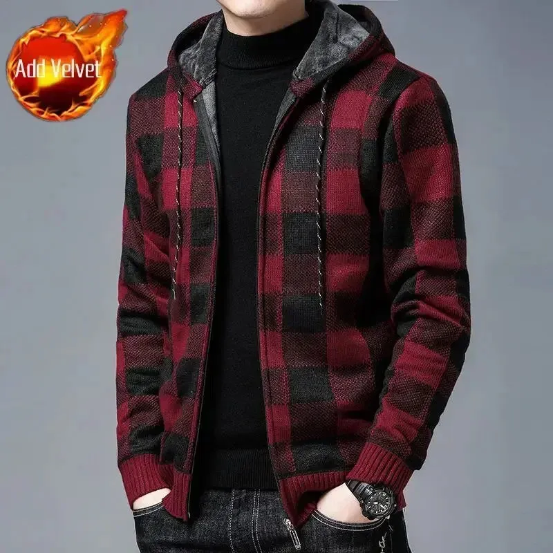 Wiaofellas  -  Knit Sweater Male Zipper Plaid Men's Clothing Cardigan Hoodies Zip-up Thick Winter Red Tops Jumpers Casual Stylish Hot Cheap A