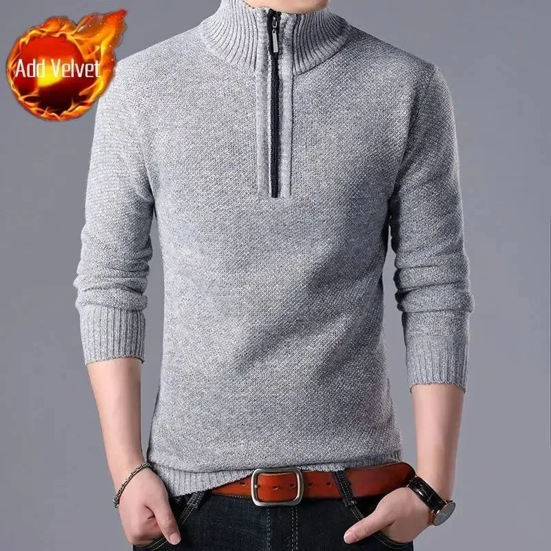 Wiaofellas  -  Knit Sweater Male Zipper Plaid Men's Clothing Cardigan Hoodies Zip-up Thick Winter Red Tops Jumpers Casual Stylish Hot Cheap A