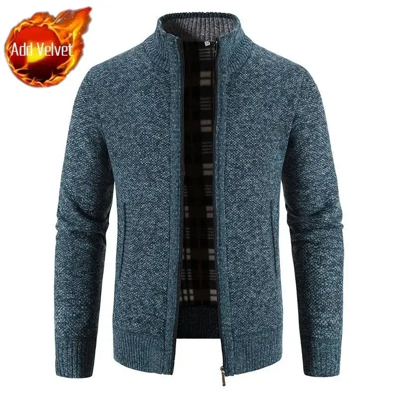 Wiaofellas  -  Knit Sweater Male Zipper Plaid Men's Clothing Cardigan Hoodies Zip-up Thick Winter Red Tops Jumpers Casual Stylish Hot Cheap A