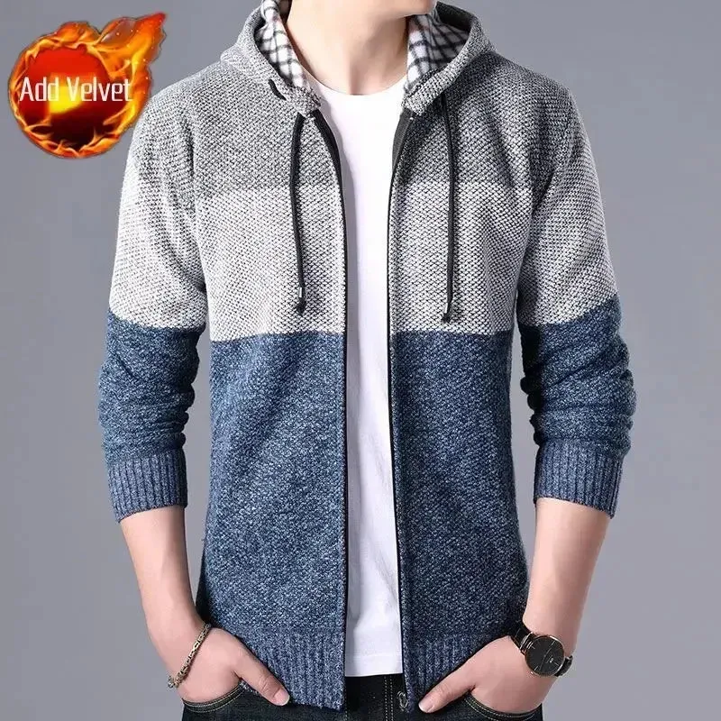 Wiaofellas  -  Knit Sweater Male Zipper Plaid Men's Clothing Cardigan Hoodies Zip-up Thick Winter Red Tops Jumpers Casual Stylish Hot Cheap A