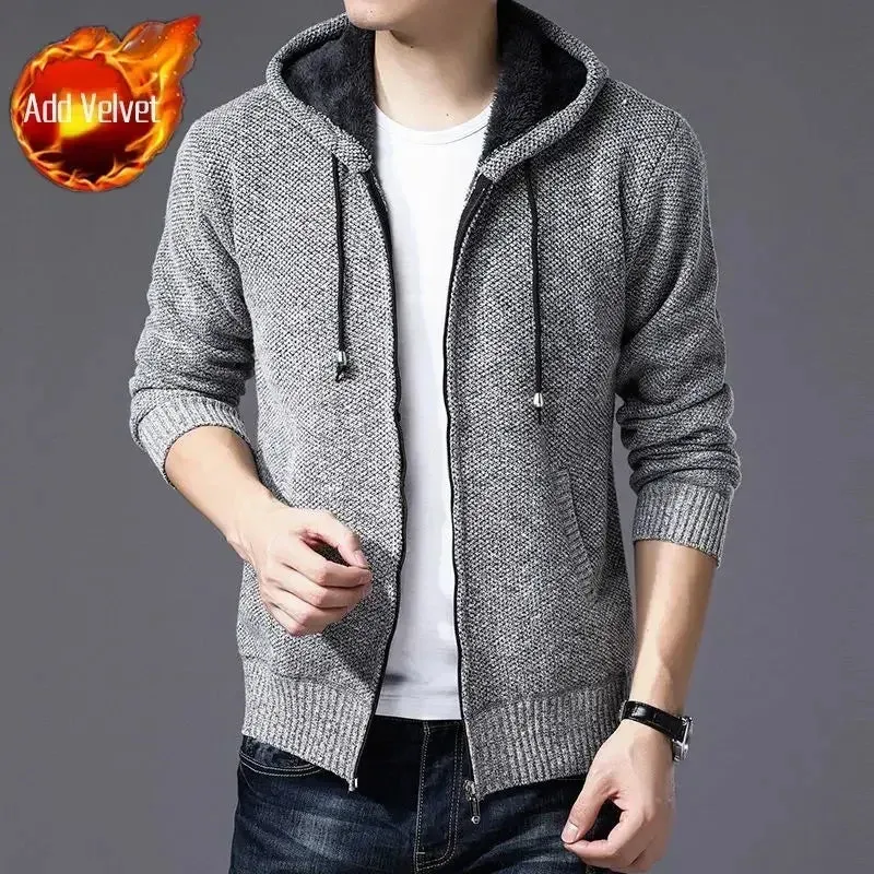 Wiaofellas  -  Knit Sweater Male Zipper Plaid Men's Clothing Cardigan Hoodies Zip-up Thick Winter Red Tops Jumpers Casual Stylish Hot Cheap A