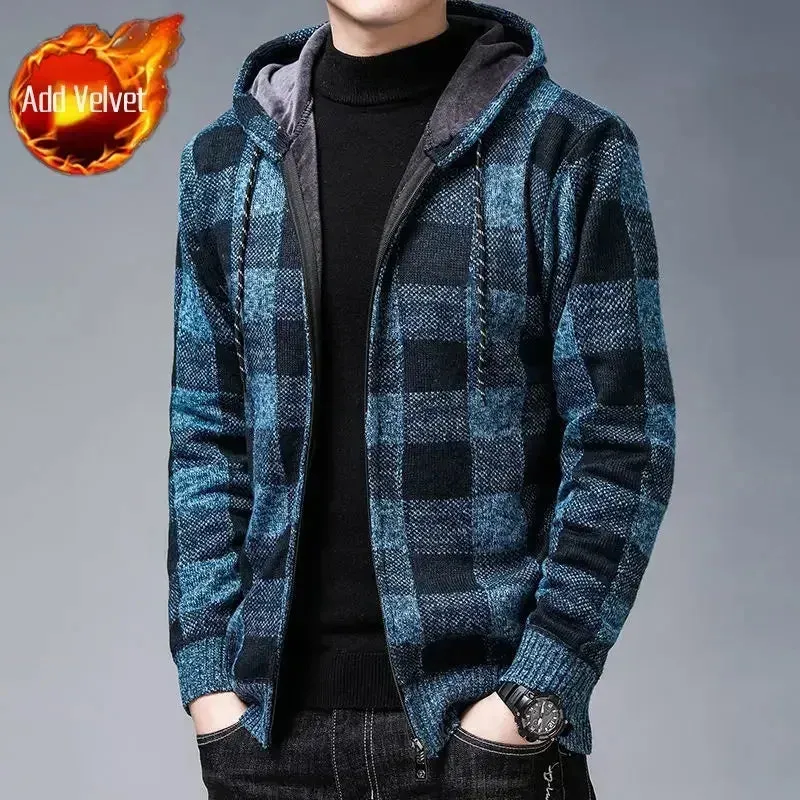 Wiaofellas  -  Knit Sweater Male Zipper Plaid Men's Clothing Cardigan Hoodies Zip-up Thick Winter Red Tops Jumpers Casual Stylish Hot Cheap A