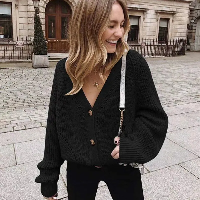 Women Knitted Cardigans Sweater Fashion Autumn Long Sleeve Loose Coat Casual Button Thick V Neck Solid Female Tops