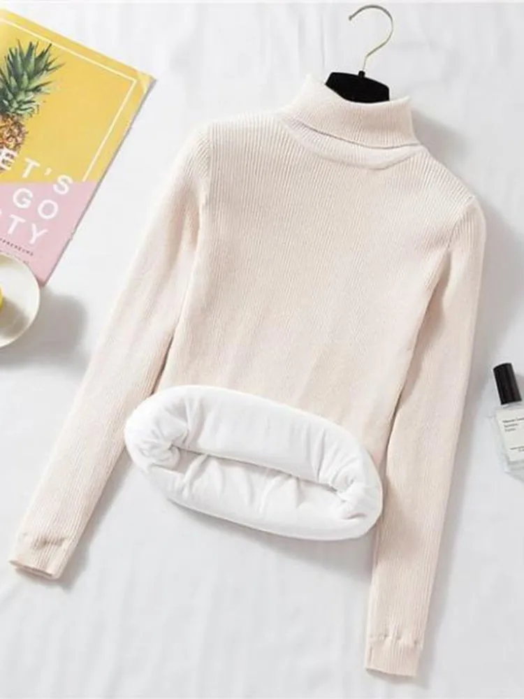 Women Thick Turtleneck Sweater Warm Velvet White Knitted Jumper Casual Pullover Simple Solid Color Female Basic Tops