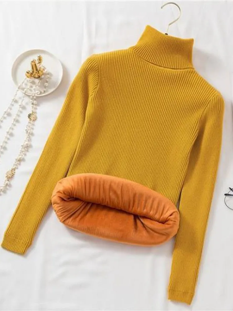 Women Thick Turtleneck Sweater Warm Velvet White Knitted Jumper Casual Pullover Simple Solid Color Female Basic Tops