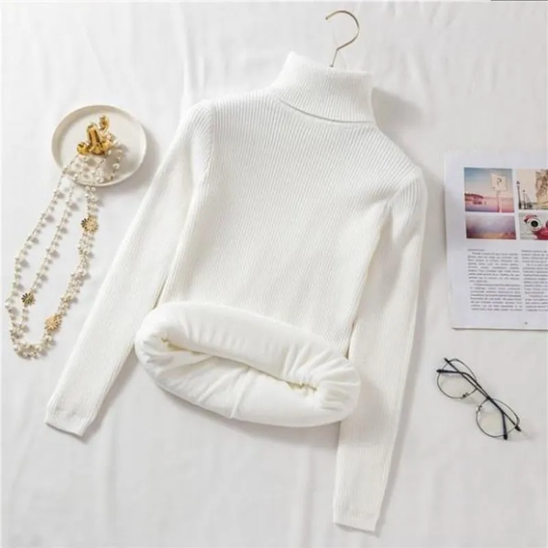 Women Thick Turtleneck Sweater Warm Velvet White Knitted Jumper Casual Pullover Simple Solid Color Female Basic Tops