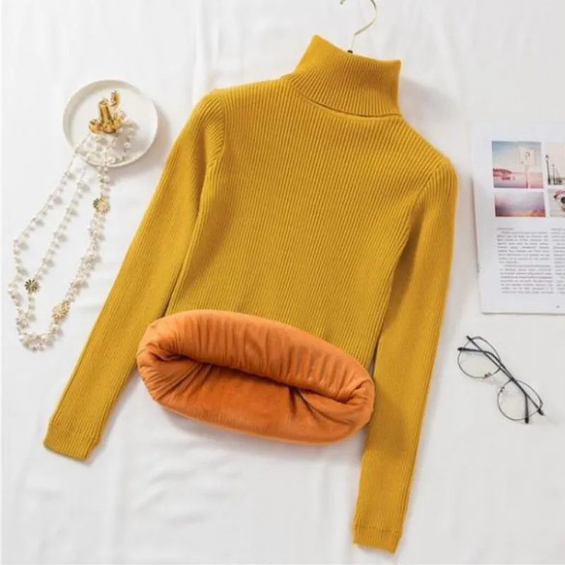 Women Thick Turtleneck Sweater Warm Velvet White Knitted Jumper Casual Pullover Simple Solid Color Female Basic Tops