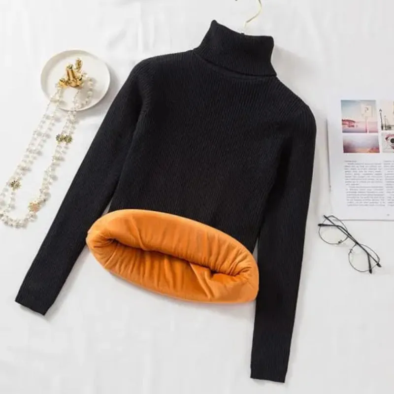 Women Thick Turtleneck Sweater Warm Velvet White Knitted Jumper Casual Pullover Simple Solid Color Female Basic Tops