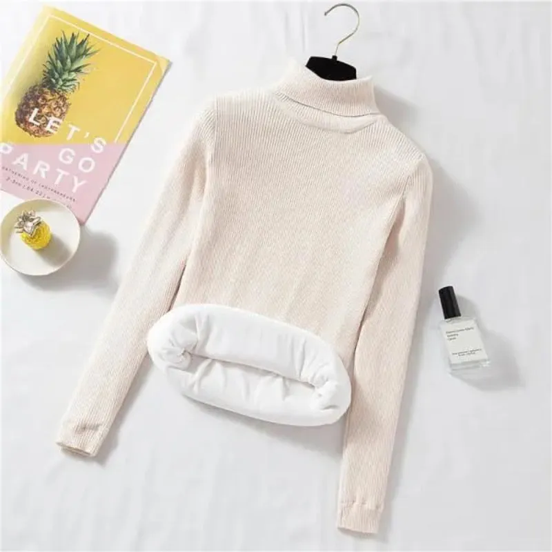 Women Thick Turtleneck Sweater Warm Velvet White Knitted Jumper Casual Pullover Simple Solid Color Female Basic Tops