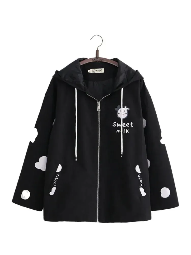 Women's Hooded Jacket Cartoon Dairy Cows Print Zipper Jackets Casual Pocket Harakuju Cute Outwear Coats 2024 Autumn Korean Tops