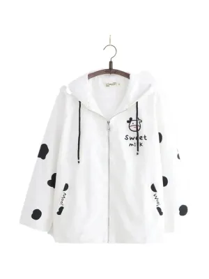 Women's Hooded Jacket Cartoon Dairy Cows Print Zipper Jackets Casual Pocket Harakuju Cute Outwear Coats 2024 Autumn Korean Tops