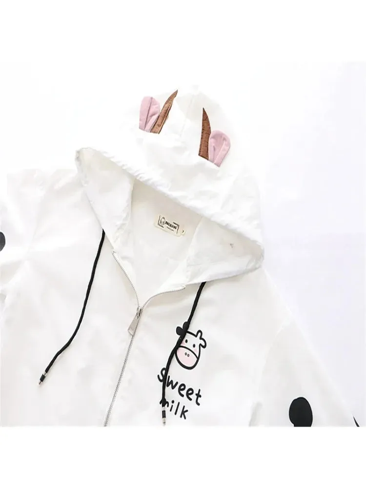 Women's Hooded Jacket Cartoon Dairy Cows Print Zipper Jackets Casual Pocket Harakuju Cute Outwear Coats 2024 Autumn Korean Tops