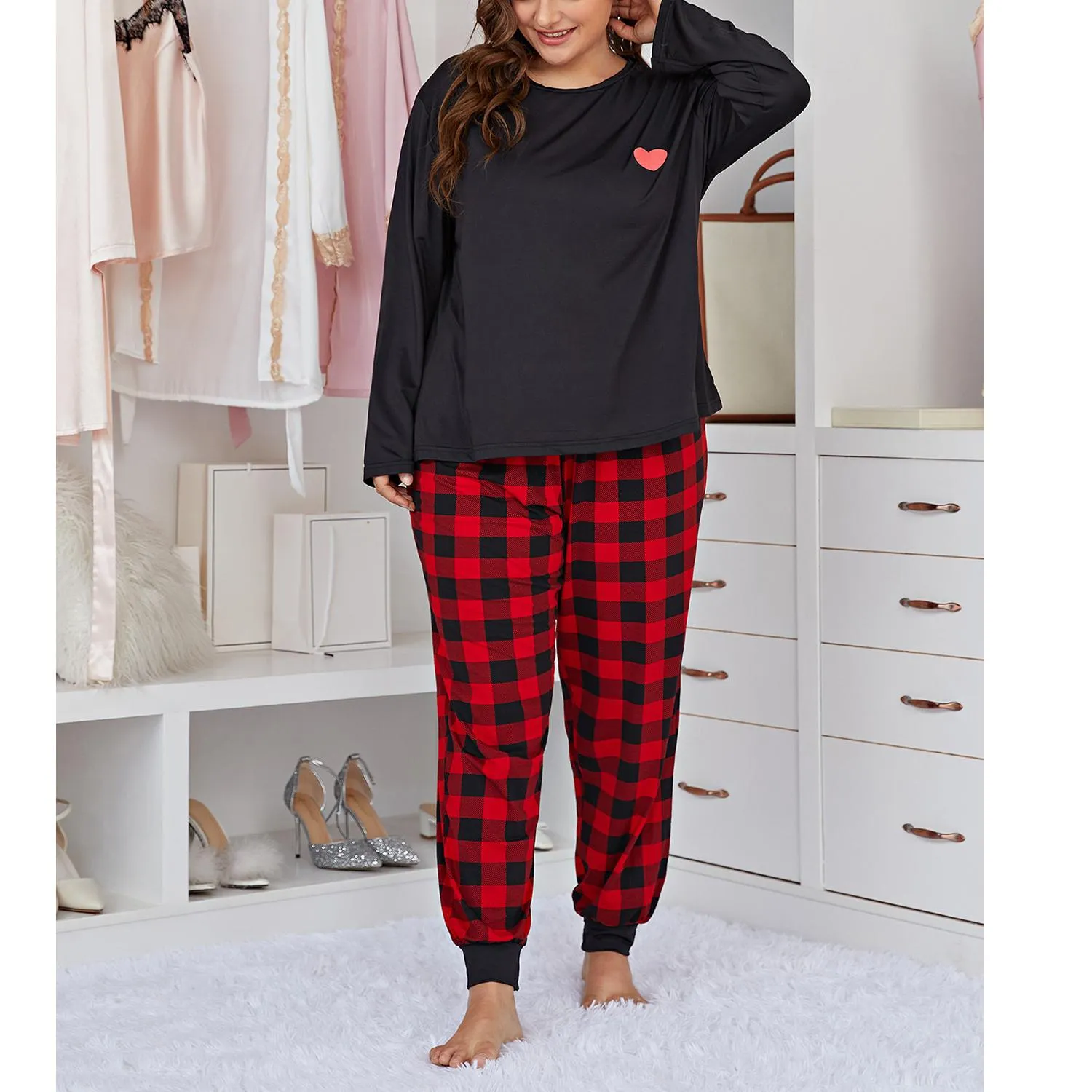 Women's Plus Size Buffalo Plaid Jogger Pajama Set Long and Short Sleeve Tops and Pants 2 Piece Matching Pjs Sleepwear Lounge Sets Soft Cute