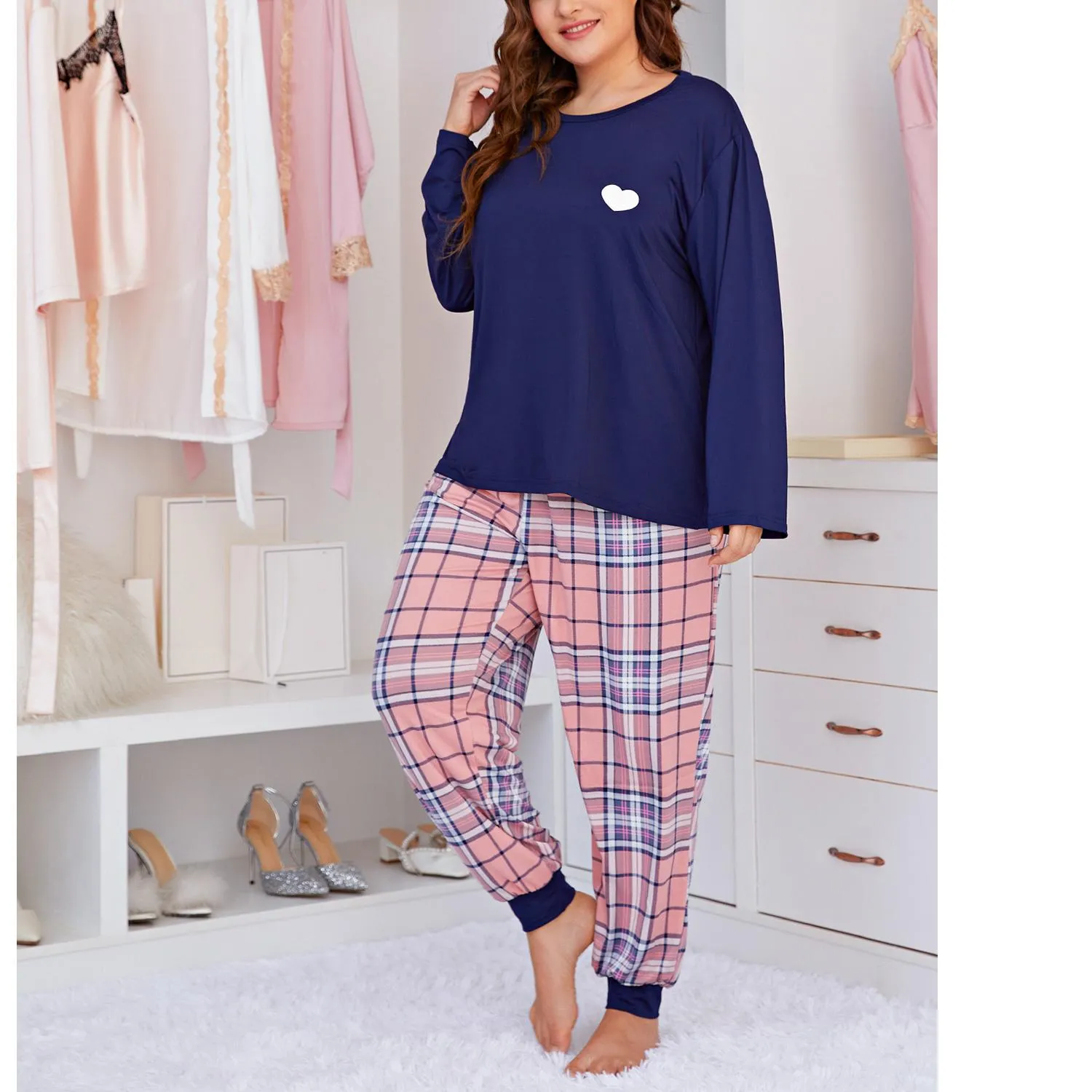 Women's Plus Size Buffalo Plaid Jogger Pajama Set Long and Short Sleeve Tops and Pants 2 Piece Matching Pjs Sleepwear Lounge Sets Soft Cute