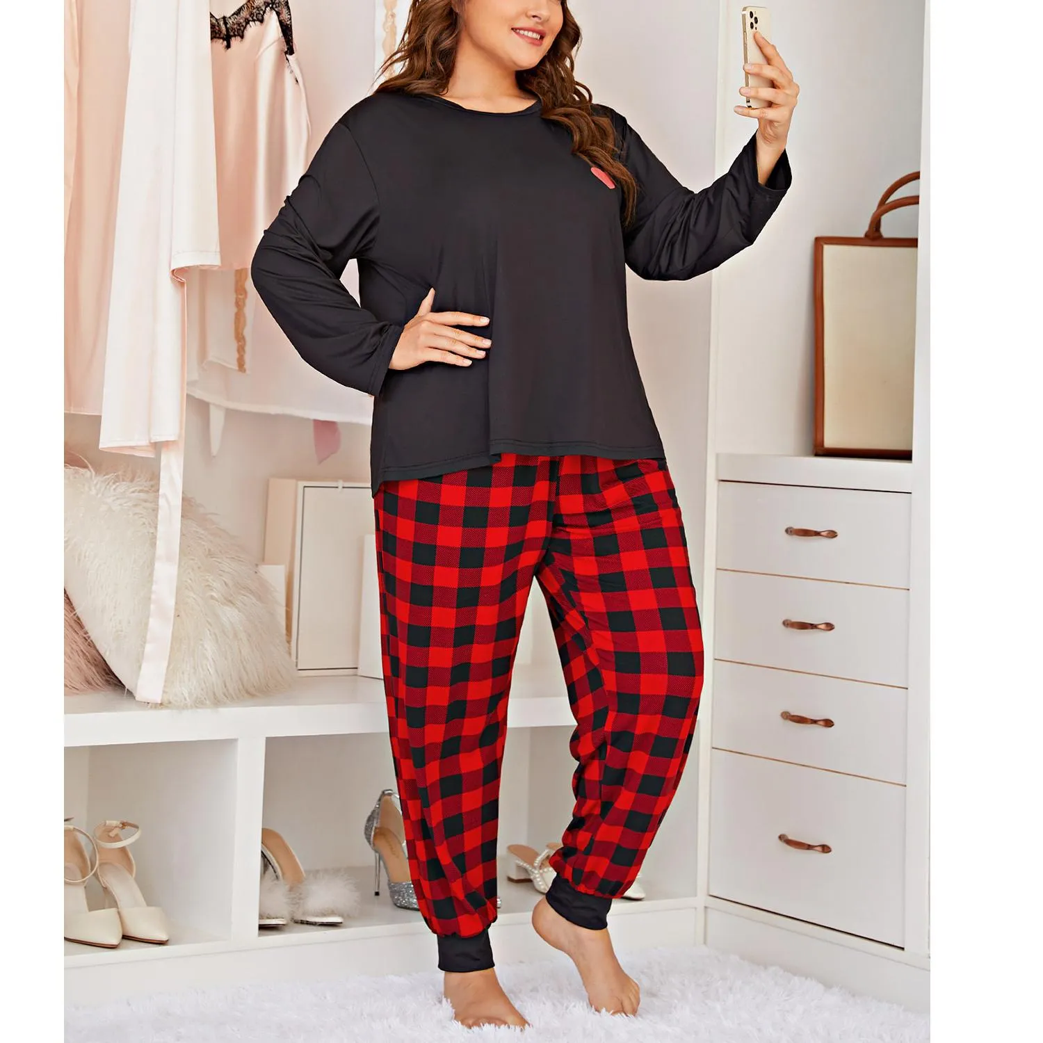 Women's Plus Size Buffalo Plaid Jogger Pajama Set Long and Short Sleeve Tops and Pants 2 Piece Matching Pjs Sleepwear Lounge Sets Soft Cute