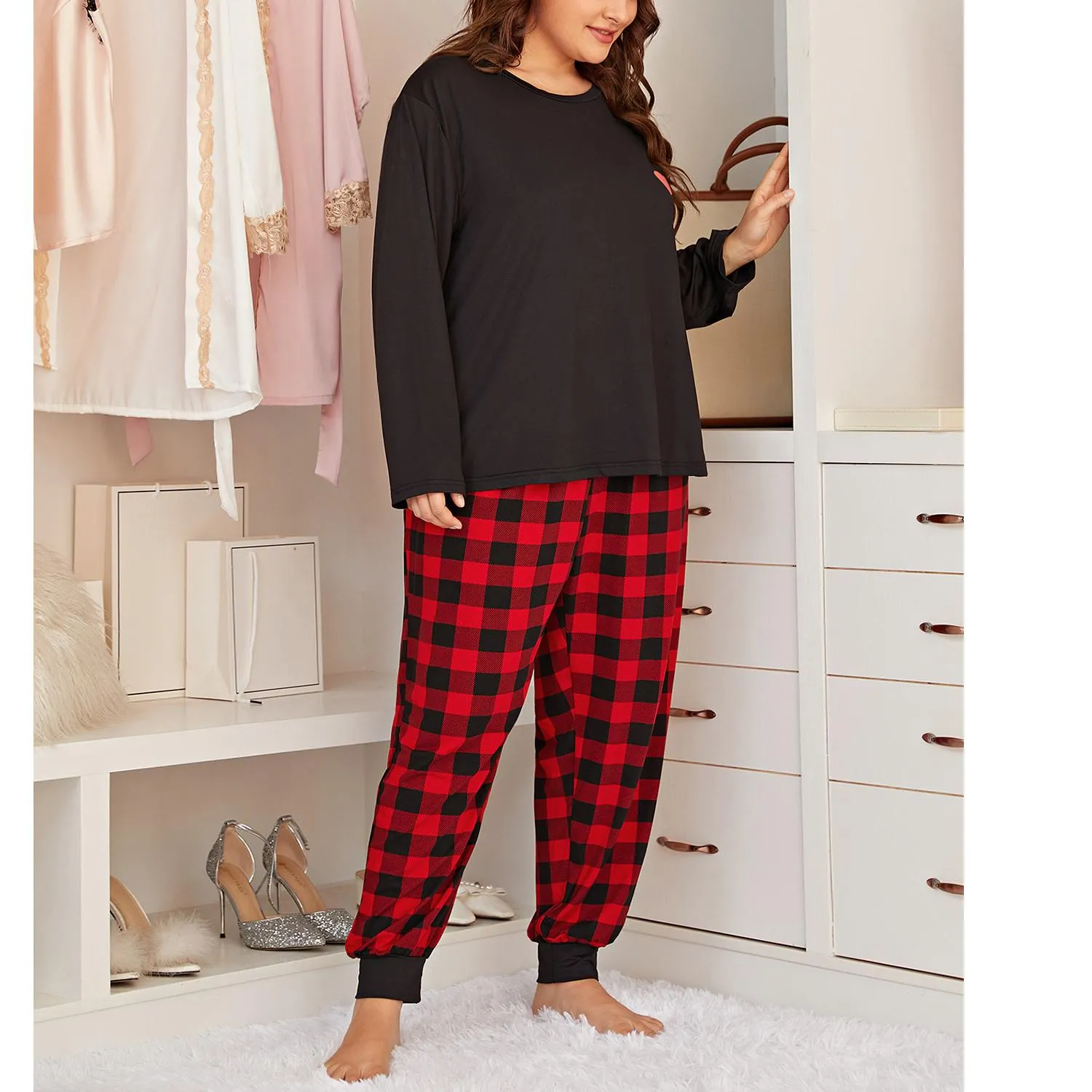 Women's Plus Size Buffalo Plaid Jogger Pajama Set Long and Short Sleeve Tops and Pants 2 Piece Matching Pjs Sleepwear Lounge Sets Soft Cute